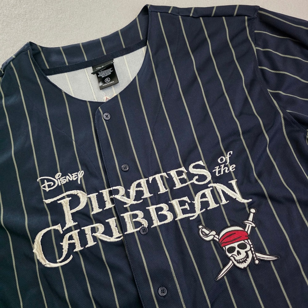 Disney BoxLunch Pirates of the Caribbean Baseball Jersey Navy Pinstripe XL